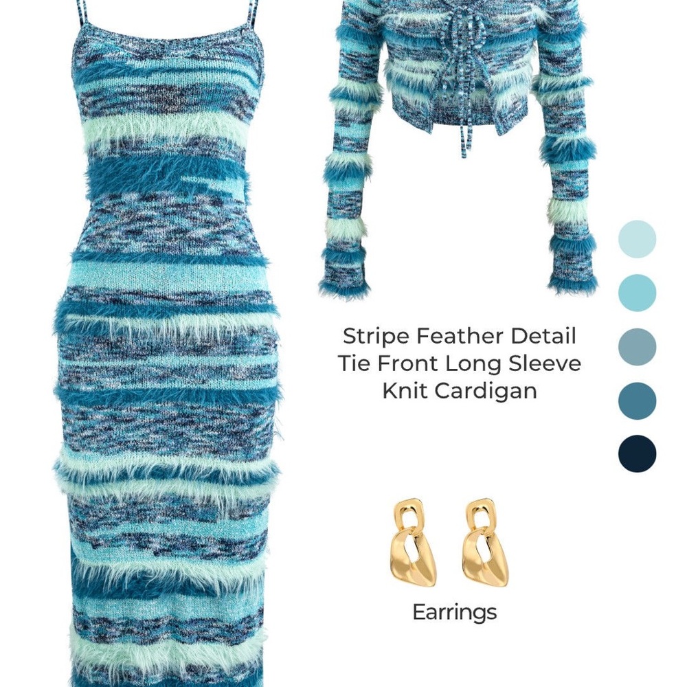 Chic Blue Feather Detail Knit Dress with Cardigan